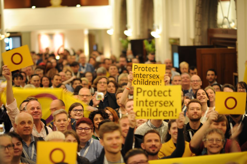Grupo de personas manifestándose en el Día de la Intersexualidad en 2018. Llevan banderas de la intersexualidad y carteles que dicen "protejan a la niñez intersexual".