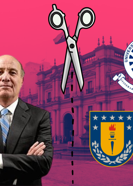 Hombre vestido de terno y corbata frente a la moneda con una tijera y dos logos de universidades