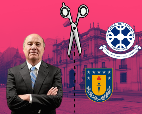 Hombre vestido de terno y corbata frente a la moneda con una tijera y dos logos de universidades