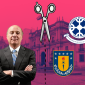 Hombre vestido de terno y corbata frente a la moneda con una tijera y dos logos de universidades